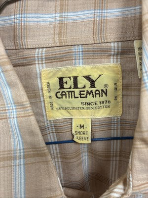 New Men’s ELY Cattleman Tan Plaid Short Sleeve Pearl Snap M R-40