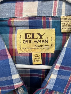 New Men’s ELY Cattleman Blue Multicolor Plaid Short Sleeve Pearl Snap XL M-52