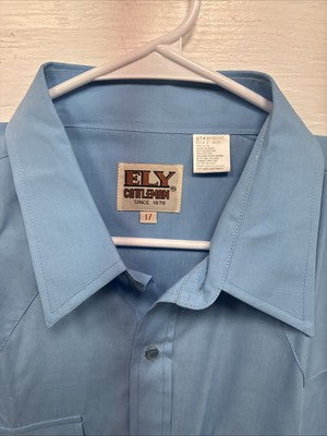 New Men’s ELY Cattleman Western Blue Simple Short Sleeve Pearl Snap 17 XL T-38