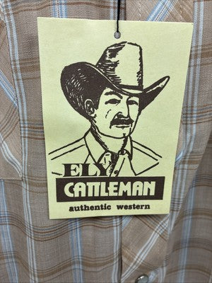 New Men’s ELY Cattleman Tan Plaid Short Sleeve Pearl Snap M R-40