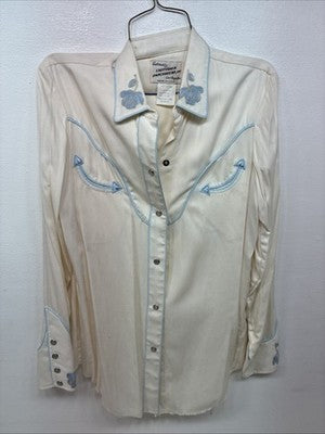 New Women’s California RanchWear White Blue Long Sleeve Pearl Snap Medium YY-95