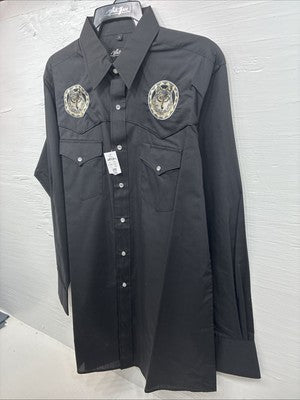 New Men’s White Horse Black Wolf Design Long Sleeve Pearl Snap Large AA-46 