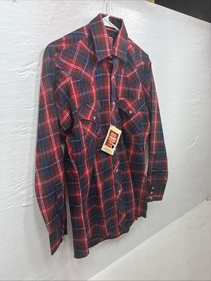 New Men’s ELY Plains Red Blue Plaid Long Sleeve Pearl Snap 14.5 Small T-86