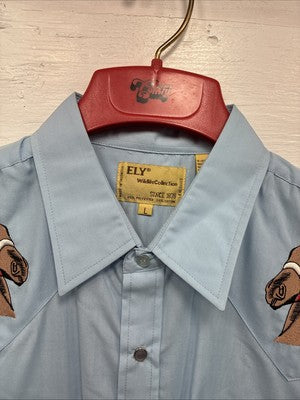 New Men’s ELY Wildlife Blue Horse Design Long Sleeve Pearl Snap Large CC-25
