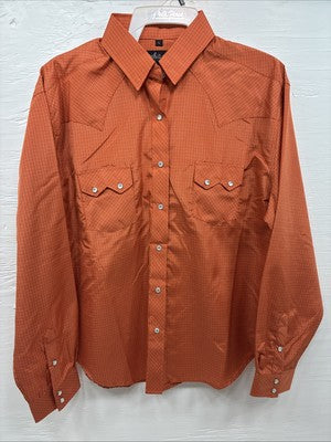 New Men’s White Horse Orange Plaid Long Sleeve Pearl Snap Large Q-41