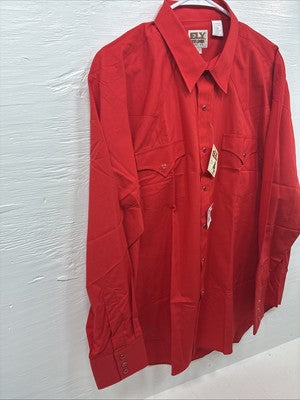 New Men’s ELY Cattleman Simple Red Long Sleeve Pearl Snap 17.5 X 35 XL R-60