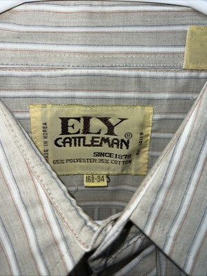 New Men’s Tan Stripped ELY Cattleman Pearl Snap Long Sleeve Shirt 16.5x34 L P-29