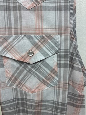 New Women’s Cumberland Gray Pink Plaid Short Sleeve Pearl Snap 2XL GG-62