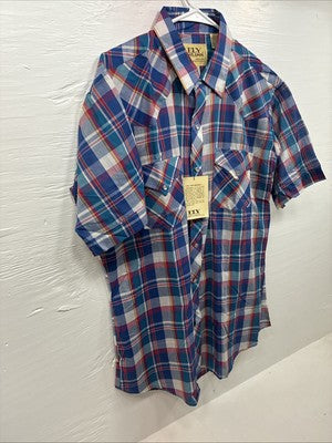 New Men’s ELY Cattleman Blue Multicolor Plaid Short Sleeve Pearl Snap Large Q-93