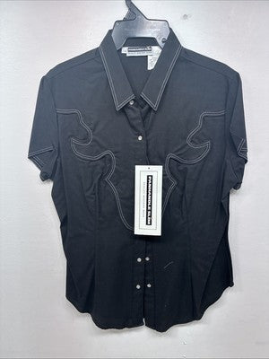 New Women’s Panhandle Slim Black Short Sleeve Pearl Snap Large GG-9