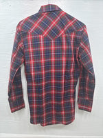 New Men’s ELY Plains Red Blue Plaid Long Sleeve Pearl Snap 14.5 Small T-86