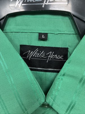 New Men’s White Horse Green Stripe Long Sleeve Pearl Snap Large Q-64