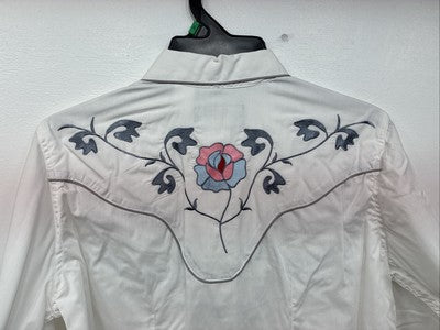 New Women’s White Horse Floral Embroidered Long Sleeve Pearl Snap XL II-33