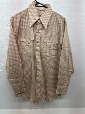 New Men’s Stockman Brown Checkered Long Sleeve Pearl Snap 15.5 Medium AA-66