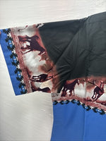 New Men’s ELY Cattleman Blue Black Horse Design Short Sleeve Pearl Snap XL T-17