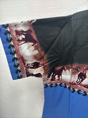 New Men’s ELY Cattleman Blue Black Horse Design Short Sleeve Pearl Snap XL T-17