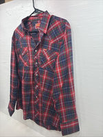 New Men’s ELY Plains Red Blue Plaid Long Sleeve Pearl Snap 16.5 Large V-96
