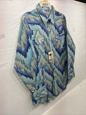 New Men’s ELY Cattleman Blue Green design Long Sleeve Pearl Snap 17 X 34 XL T-37