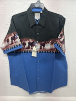 New Men’s ELY Cattleman Blue Black Horse Design Short Sleeve Pearl Snap XL T-17