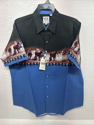 New Men’s ELY Cattleman Blue Black Horse Design Short Sleeve Pearl Snap XL T-17