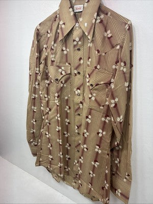 New Men’s ELY Plains Tan Red Floral Long Sleeve Pearl Snap Size 14.5 Small GG-7