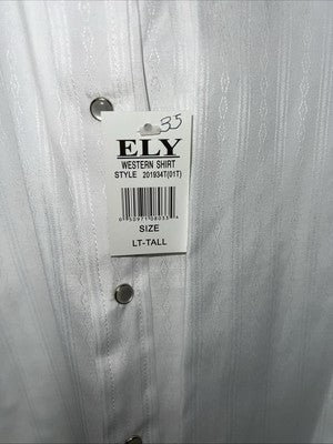 New Men’s White ELY Cattleman Long Sleeve Pearl Snap Shirt. Tall Large P-58