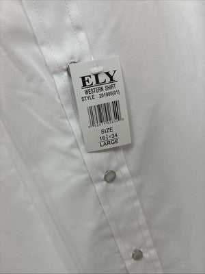 New Men’s ELY Cattleman White Long Sleeve Pearl Snap 16.5 Large X-49