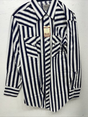 New Men’s Blue White HbarC Ranchwear Long Sleeve Pearl Snap Shirt 16.5x34 L S-13