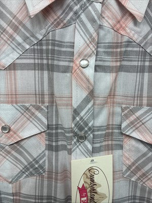 New Women’s Cumberland Gray Pink Plaid Short Sleeve Pearl Snap 2XL GG-62