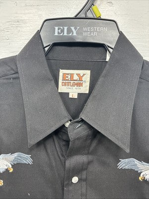 New Men’s ELY Cattleman Black Eagle Designed Short Sleeve Pearl Snap Large T-65