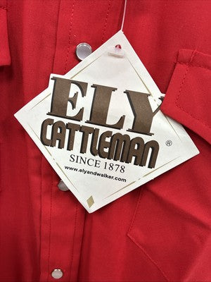 New Men’s ELY Cattleman Simple Red Long Sleeve Pearl Snap 16 Large Q-92