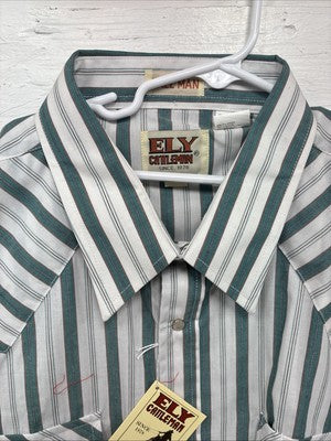 New Men’s ELY Cattleman Blue White Stripe Short Sleeve Pearl Snap XL M-35