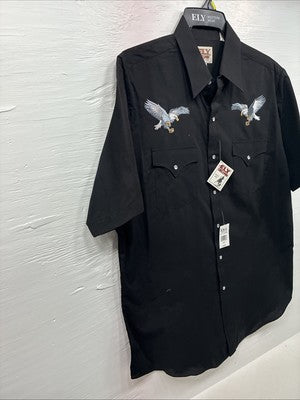 New Men’s ELY Cattleman Black Eagle Designed Short Sleeve Pearl Snap Large T-65