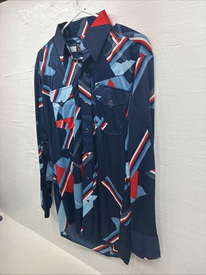 New Men’s Panhandle Slim Blue Red Design Long Sleeve Pearl Snap 15.5 Medium V-73