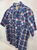 New Men’s ELY Cattleman Blue Multicolor Plaid Short Sleeve Pearl Snap XL M-52