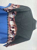 New Men’s ELY Cattleman Blue Black Horse Design Short Sleeve Pearl Snap XL T-17