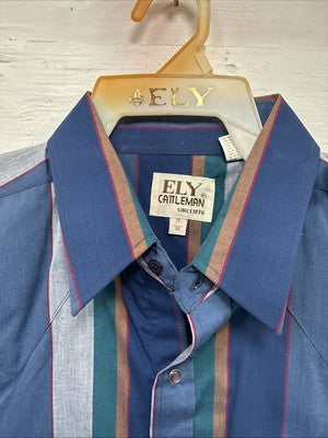 New Men’s ELY Cattleman Blue Multicolor Stripe Long Sleeve Pearl Snap 17 XL O-47