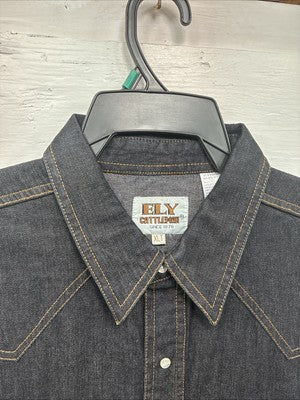 New Men’s ELY Cattleman Dark Blue Jean Long Sleeve Pearl Snap XL M-80