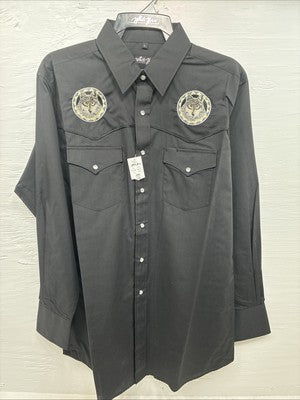 New Men’s White Horse Black Wolf Design Long Sleeve Pearl Snap Large AA-46 