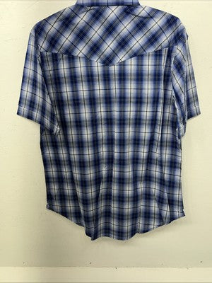 New Men’s Blue Plaid ELY Cattleman Short Sleeve Pearl Snap Shirt. Large P-44