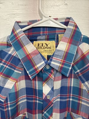 New Men’s ELY Cattleman Blue Multicolor Plaid Short Sleeve Pearl Snap Large X-15