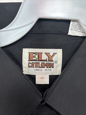 New Men’s ELY Cattleman Black Western Short Sleeve Pearl Snap 16 Large T-53
