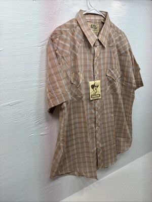 New Men’s ELY Cattleman Tan Plaid Short Sleeve Pearl Snap XL R-39