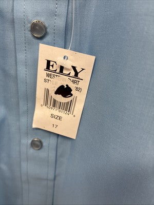 New Men’s ELY Cattleman Western Blue Simple Short Sleeve Pearl Snap 17 XL T-38