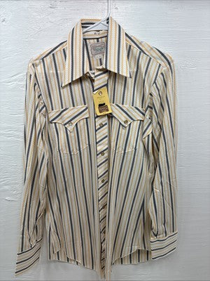 New Men’s H Bar C Yellow Black White Stripe Long Sleeve Pearl Snap Medium T-95