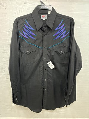 New Men’s ELY Diamond Black Western Design Long Sleeve Pearl Snap Large AA-17