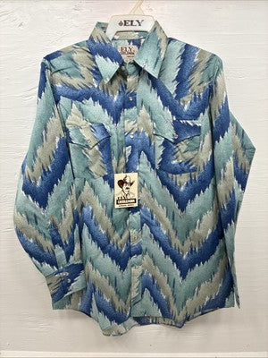 New Men’s ELY Cattleman Blue Green Design Long Sleeve Pearl Snap Medium Q-36