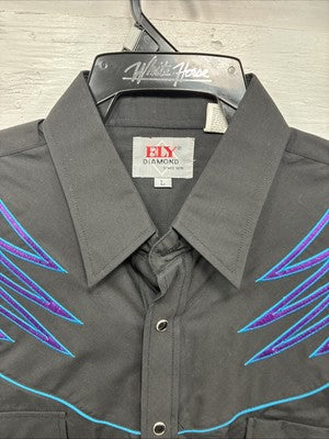 New Men’s ELY Diamond Black Western Design Long Sleeve Pearl Snap Large AA-17