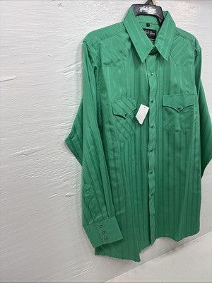 New Men’s White Horse Green Stripe Long Sleeve Pearl Snap Large Q-64