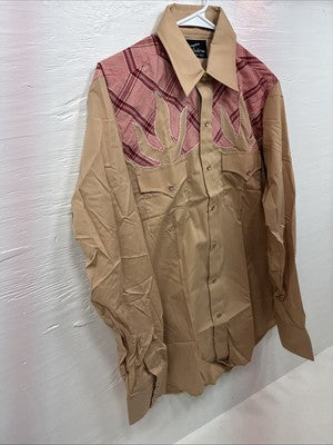 New Men’s Champion Western Brown Pink Plaid Long Sleeve Pearl Snap 16 Large X-36